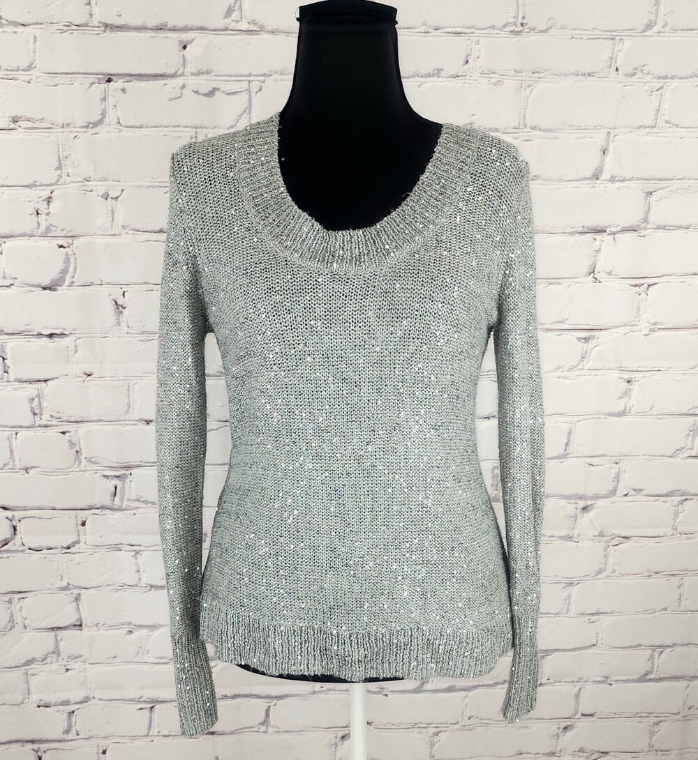 Moda International Sweater silver metallic sequined knit Womens L Y2k 1990s